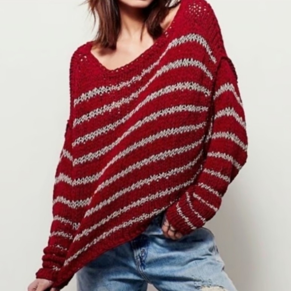 Free People Sweater Over Easy‎ Ruby Striped Slouchy